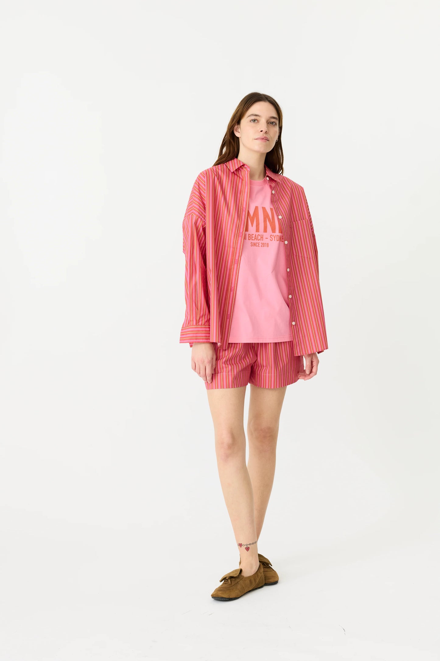 The Chiara Shirt in Pink And Burnt Orange Multi Stripe
