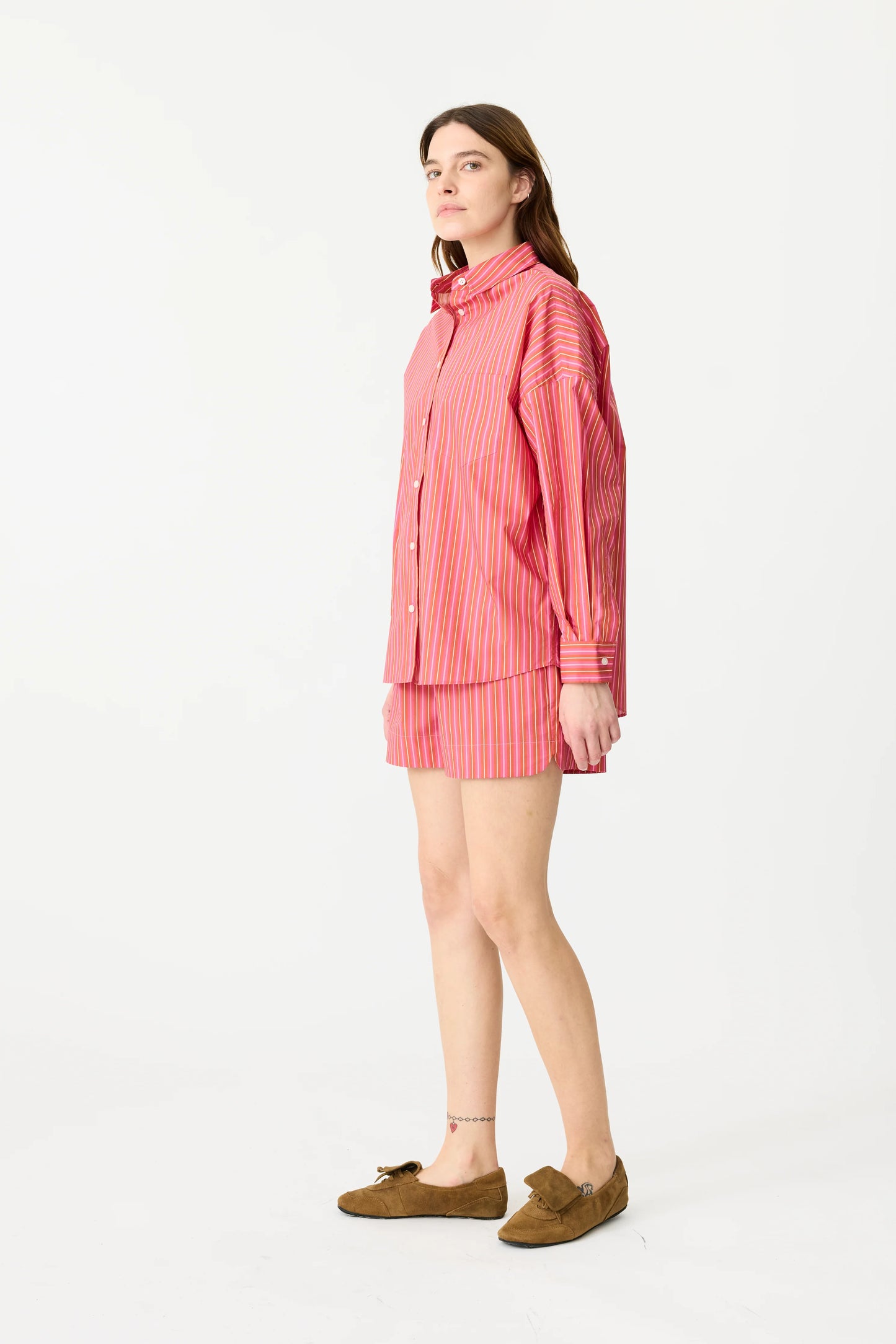 The Chiara Shirt in Pink And Burnt Orange Multi Stripe