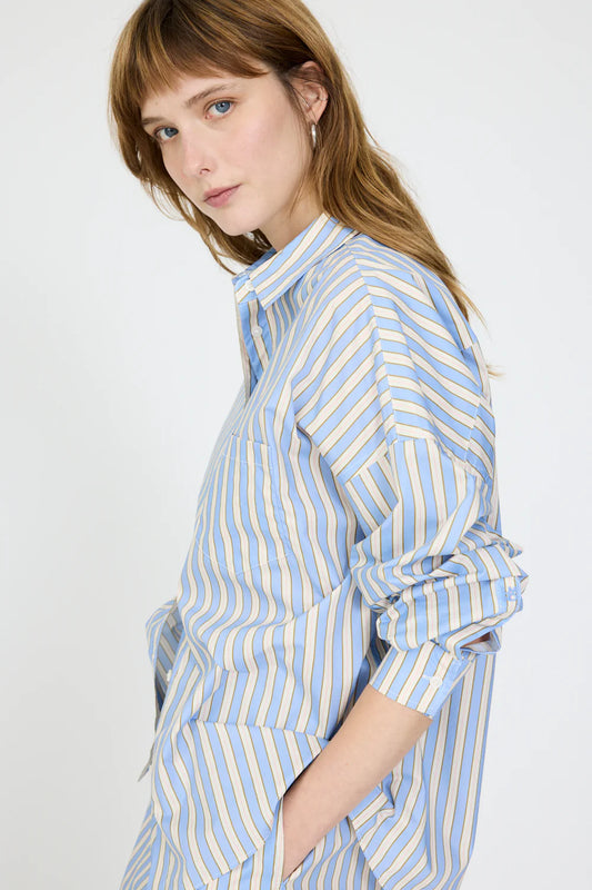 The Chiara Shirt in Grape, Mist, Khaki, Birch, Plum and Wisteria Multi Stripe