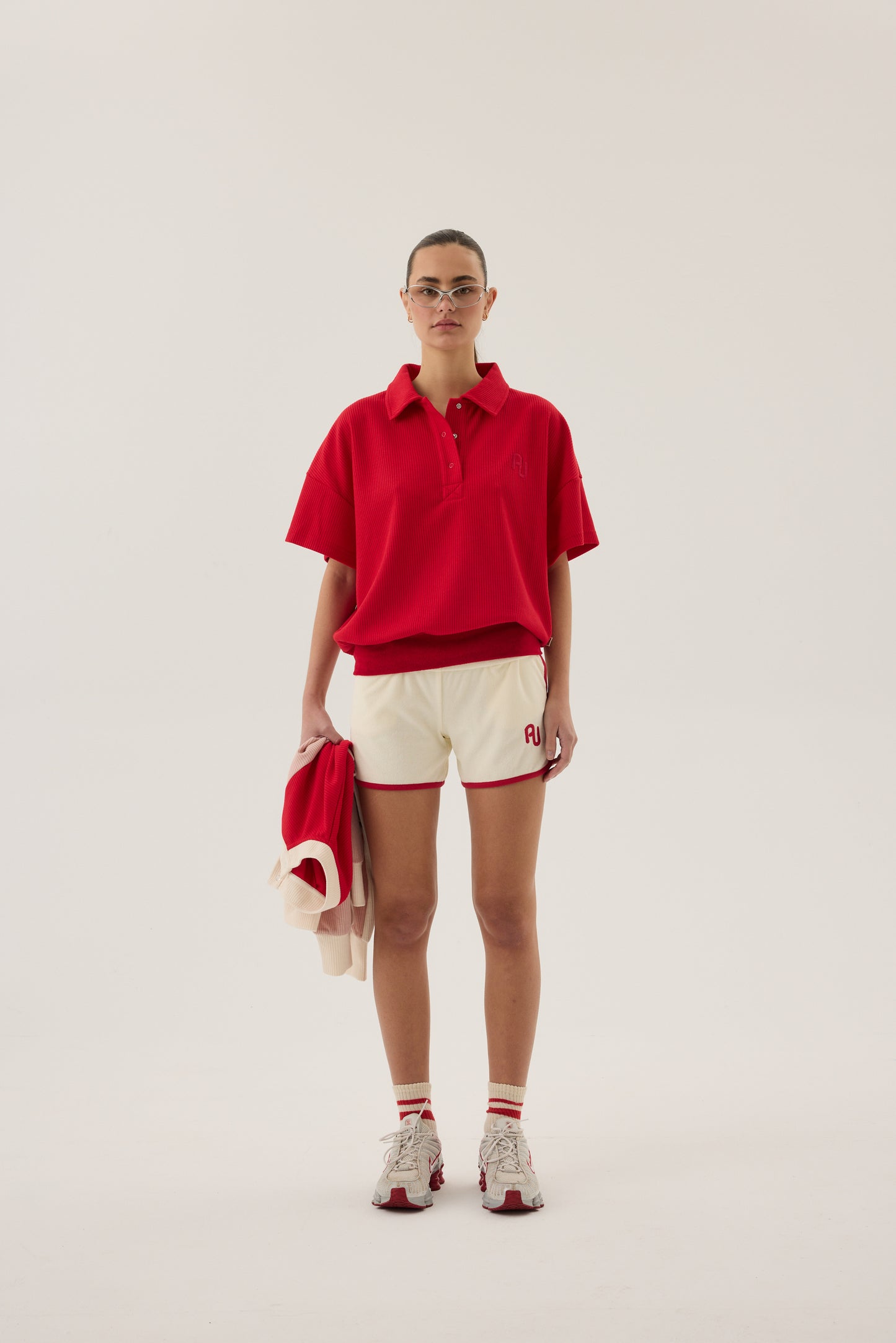 Waffle Short Sleeve Sweatshirt in Poppy Red - Size 10