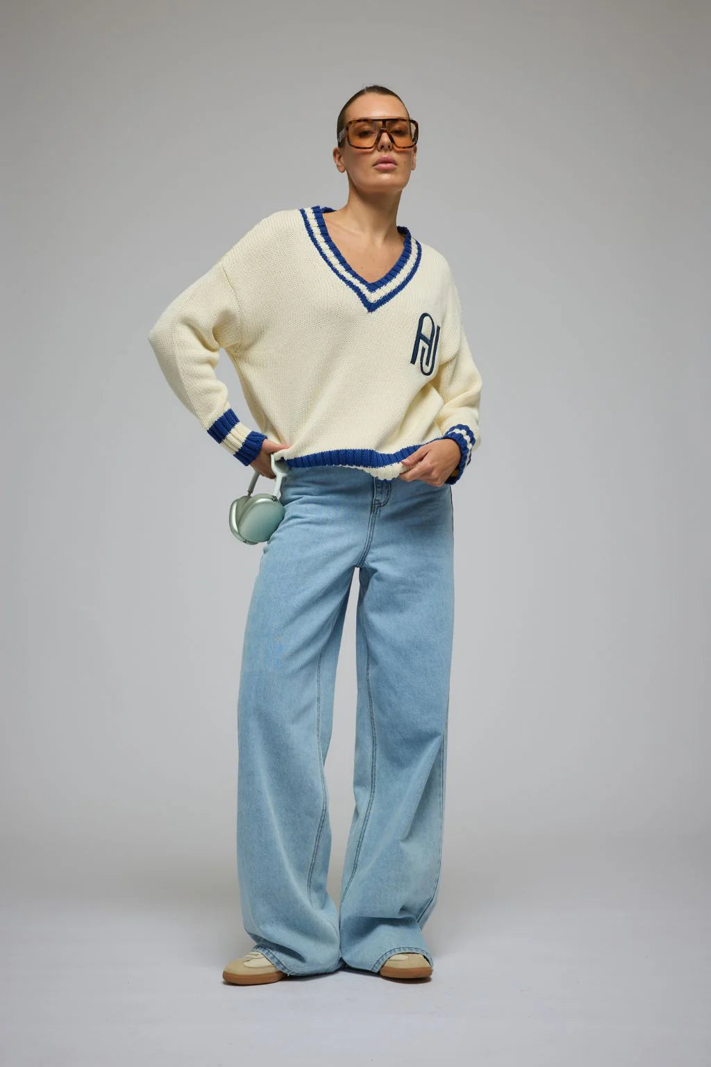 AJ V-Neck Knit Sweater in Coconut