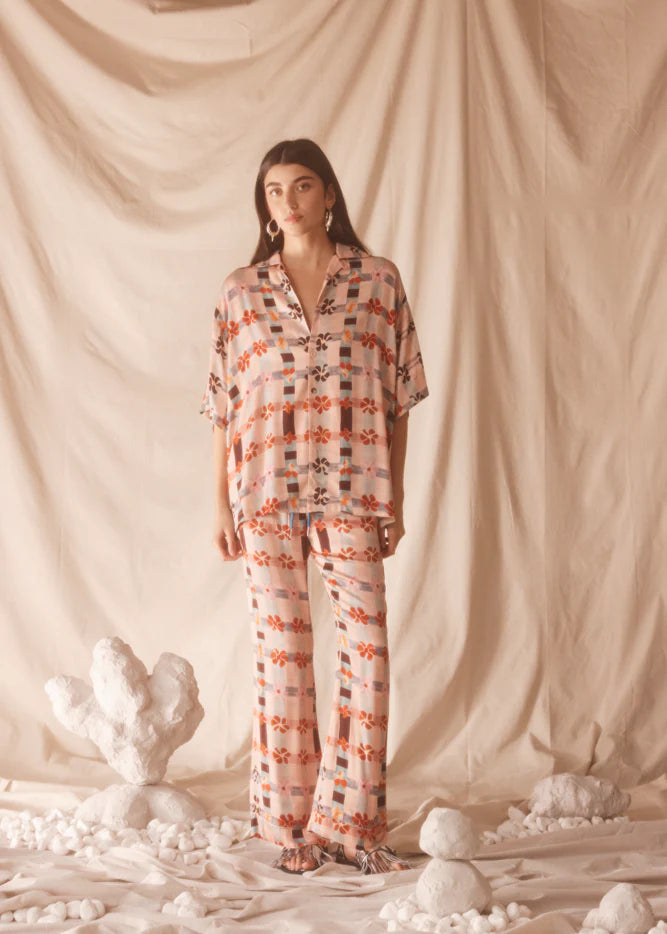 Floral printed check pattern silky finish pink brown blue flare pants