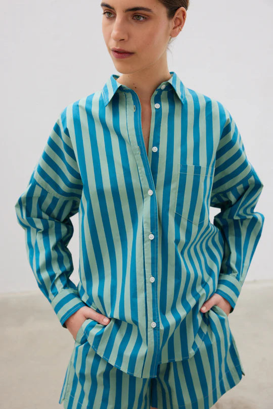 The Chiara Short in Alpine Frost and Oceanic Stripe