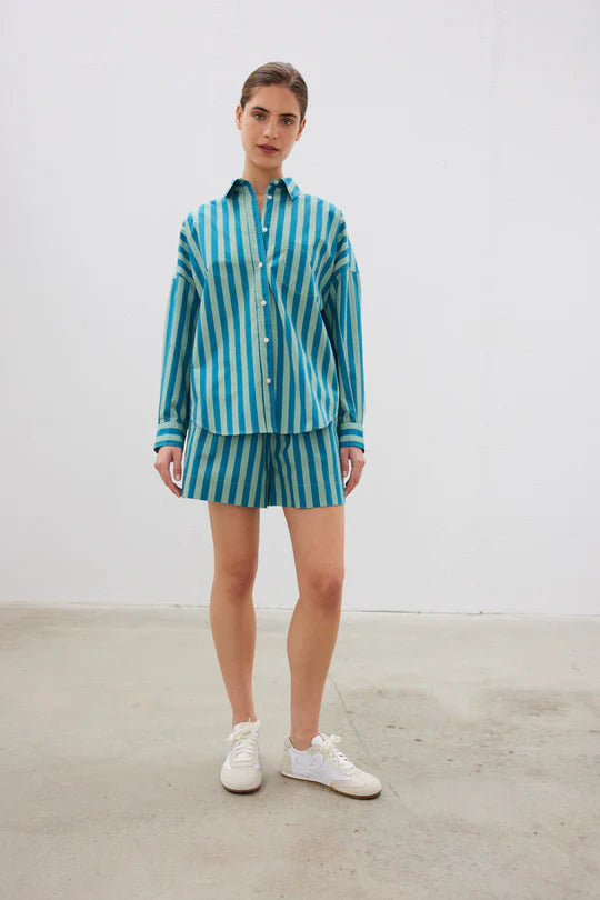The Chiara Short in Alpine Frost and Oceanic Stripe