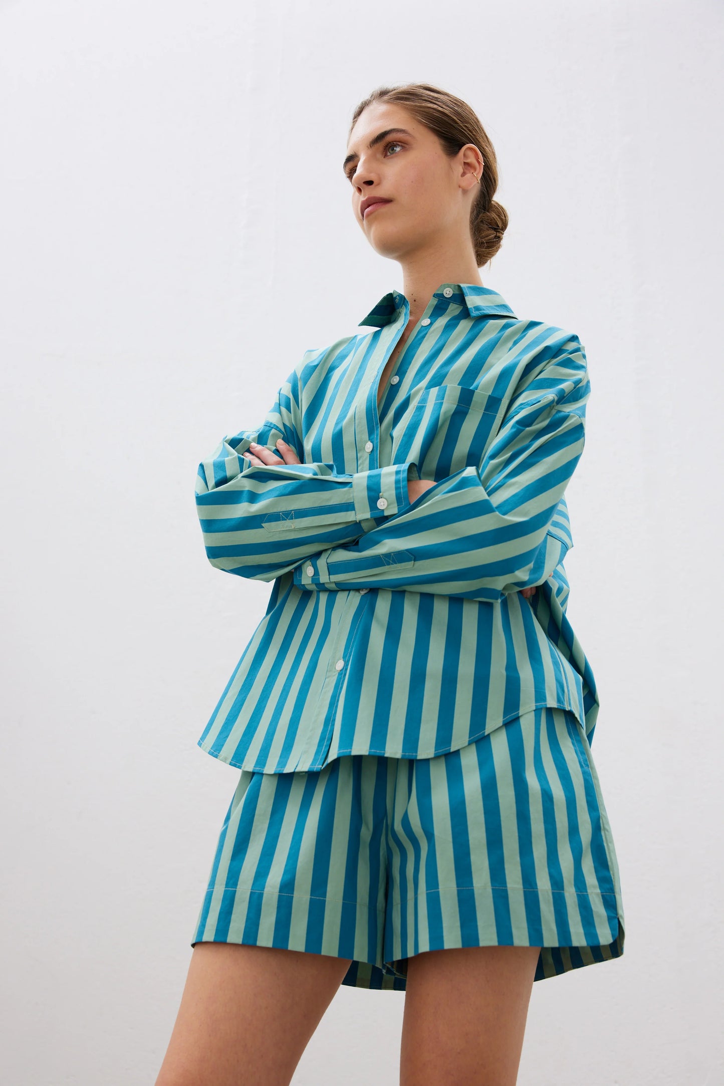 The Chiara Short in Alpine Frost and Oceanic Stripe