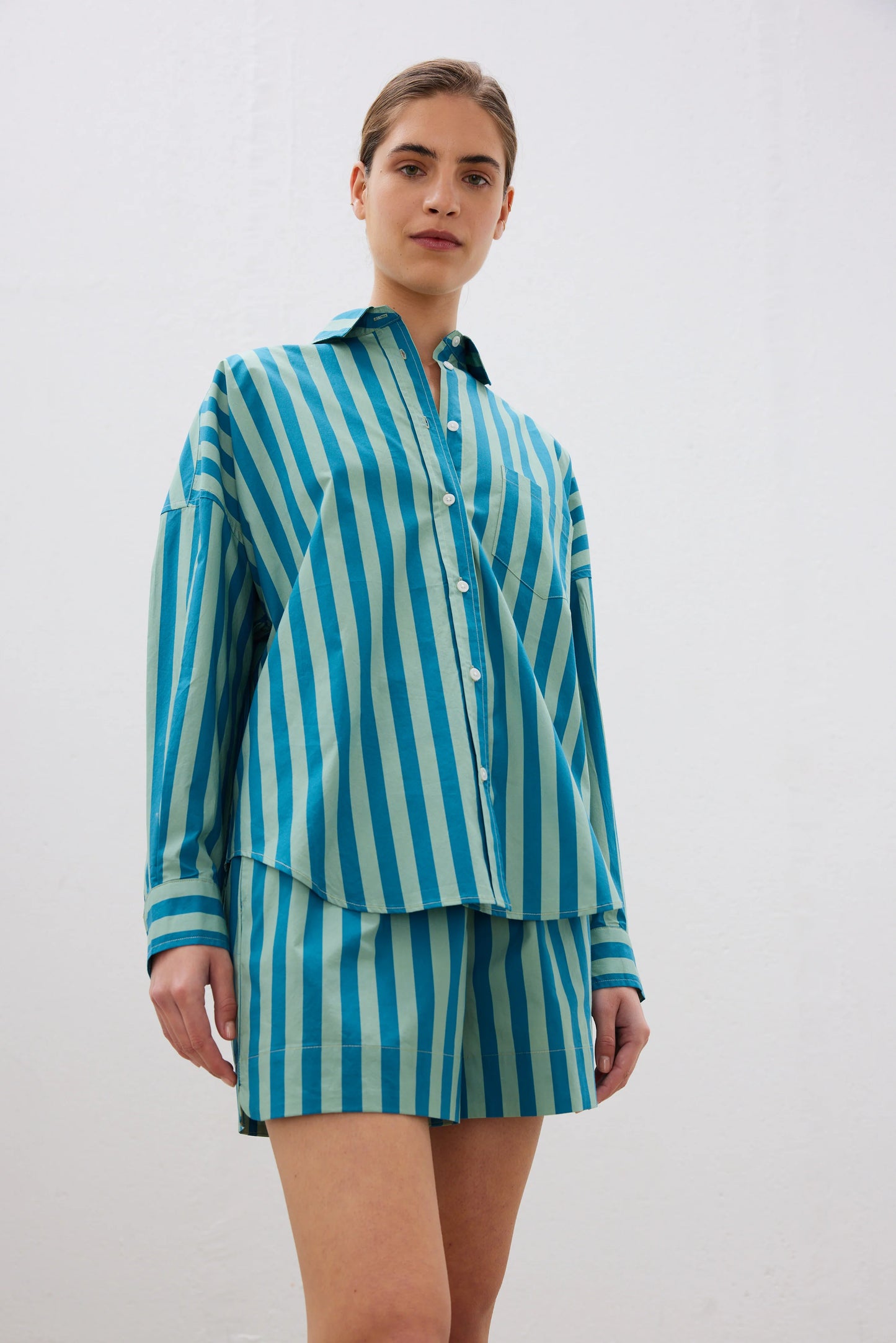 The Chiara Short in Alpine Frost and Oceanic Stripe