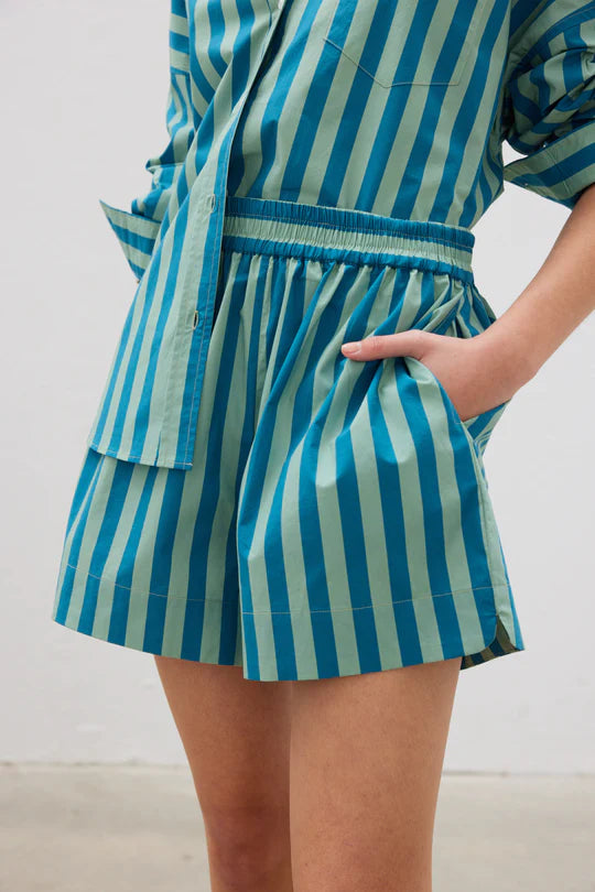 The Chiara Short in Alpine Frost and Oceanic Stripe