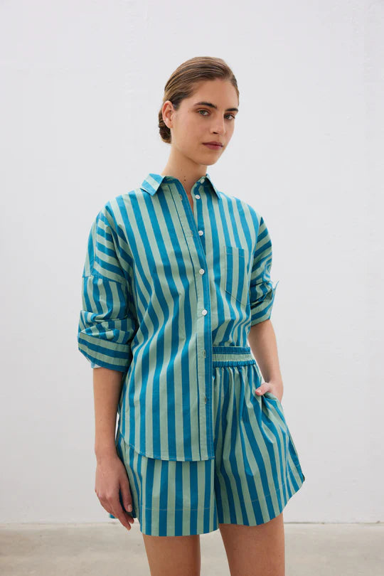 The Chiara Short in Alpine Frost and Oceanic Stripe