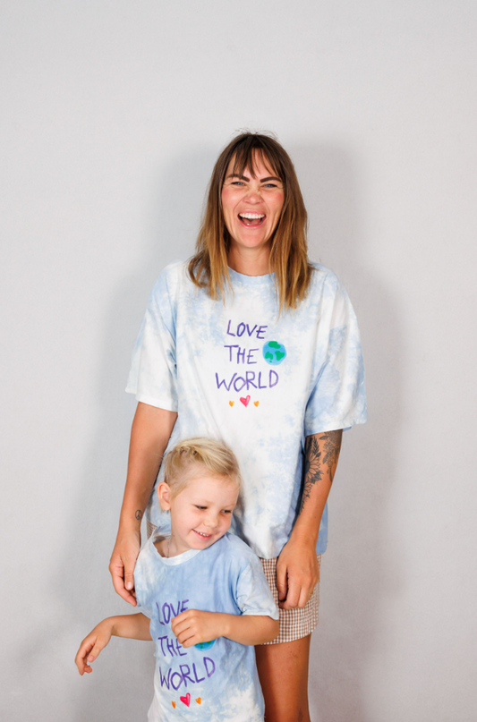 Love the World Adults Tee in Blue Tie Dye