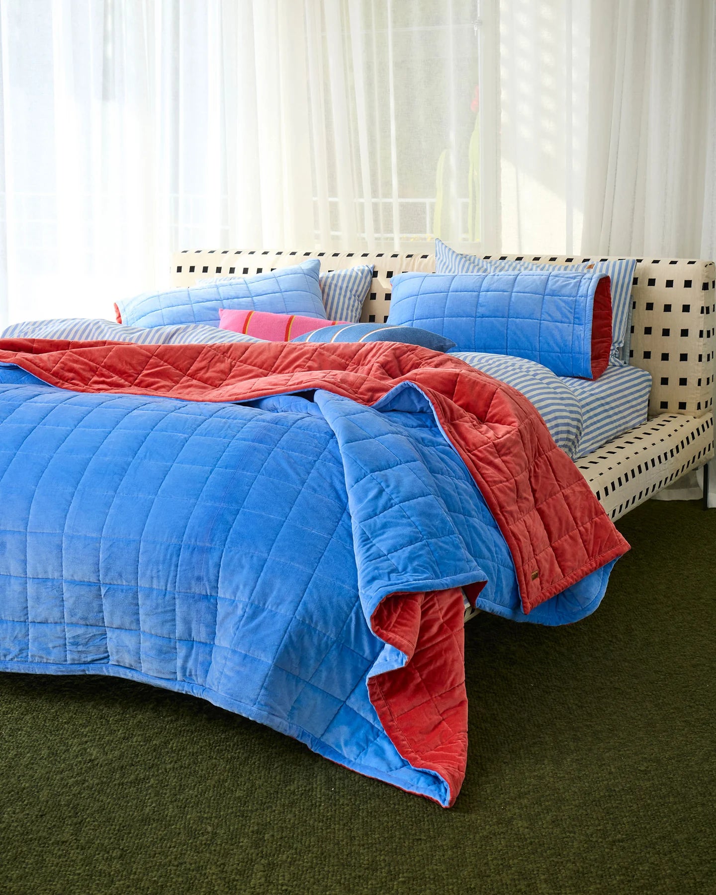 Blue Robin Velvet Quilted Bedspread