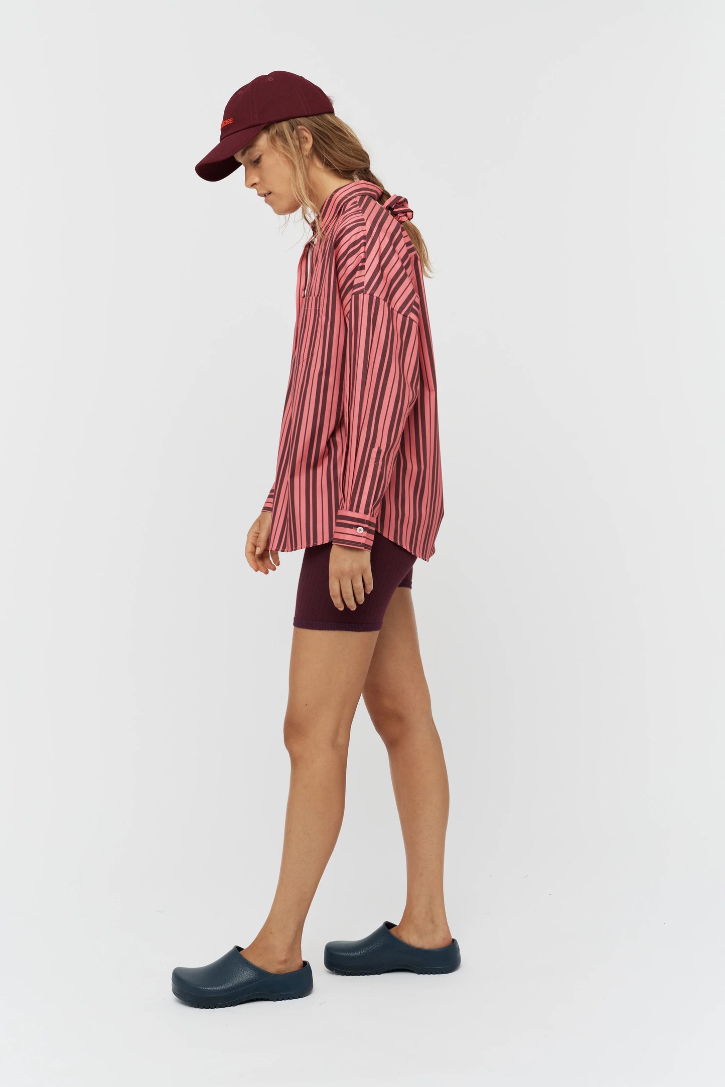 The Chiara Shirt in Burgundy and Surreal Pink Stripe