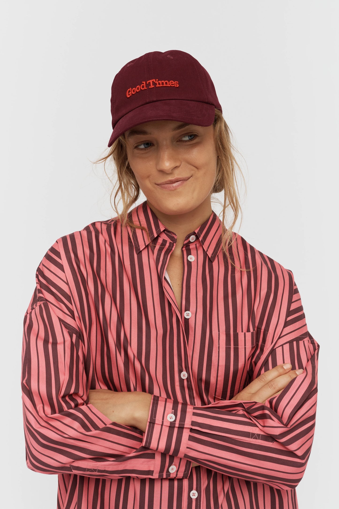 The Chiara Shirt in Burgundy and Surreal Pink Stripe