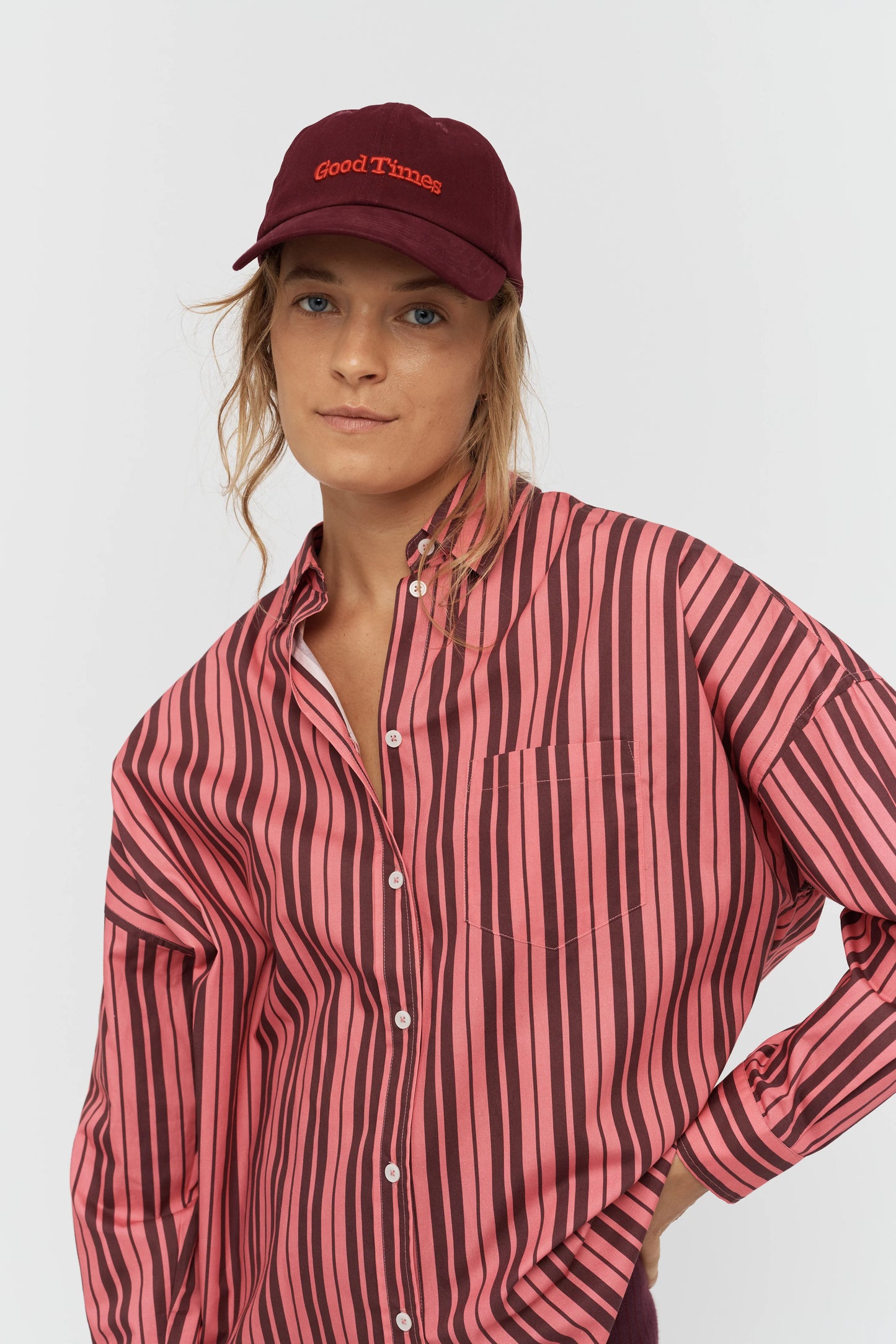 The Chiara Shirt in Burgundy and Surreal Pink Stripe