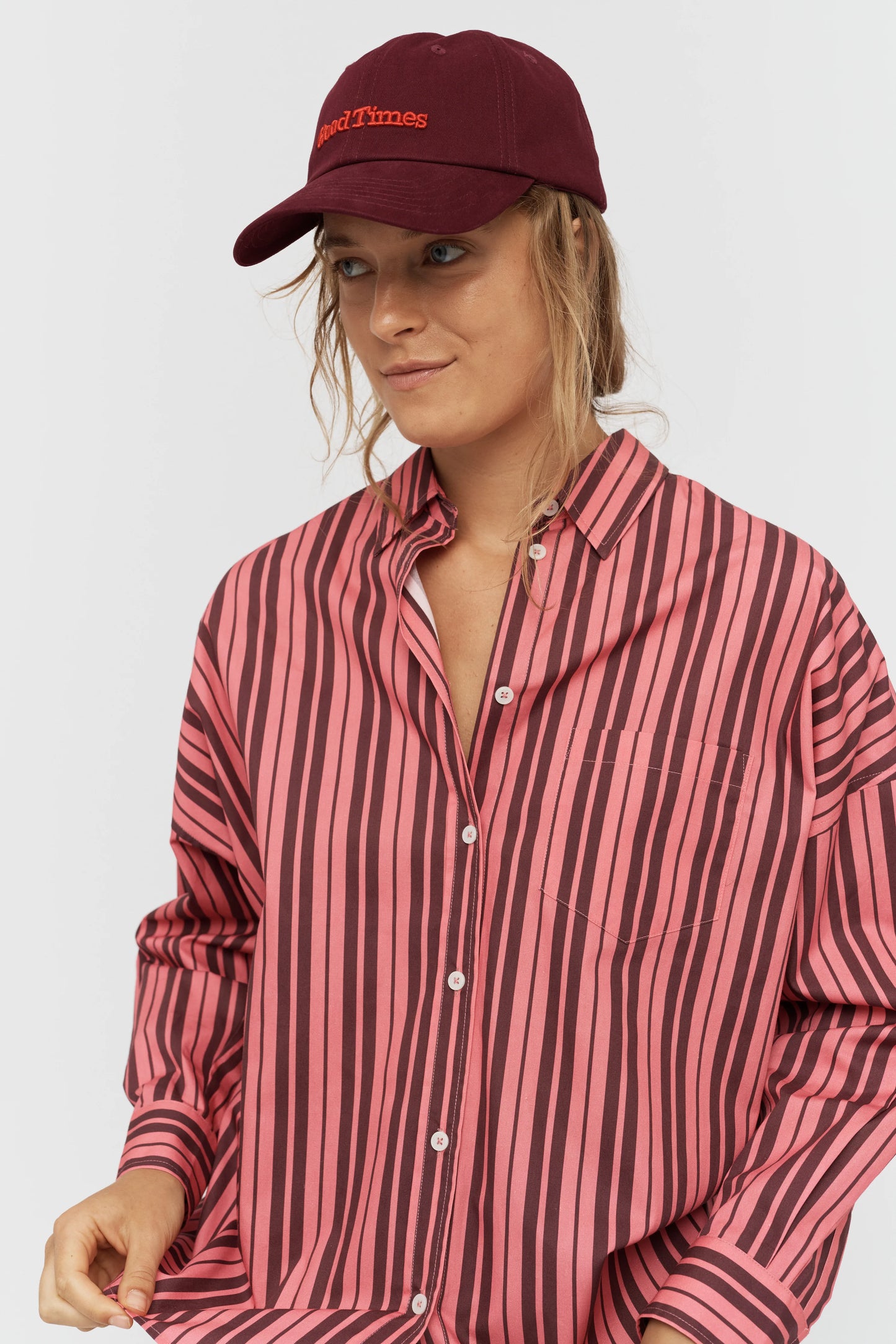 The Chiara Shirt in Burgundy and Surreal Pink Stripe