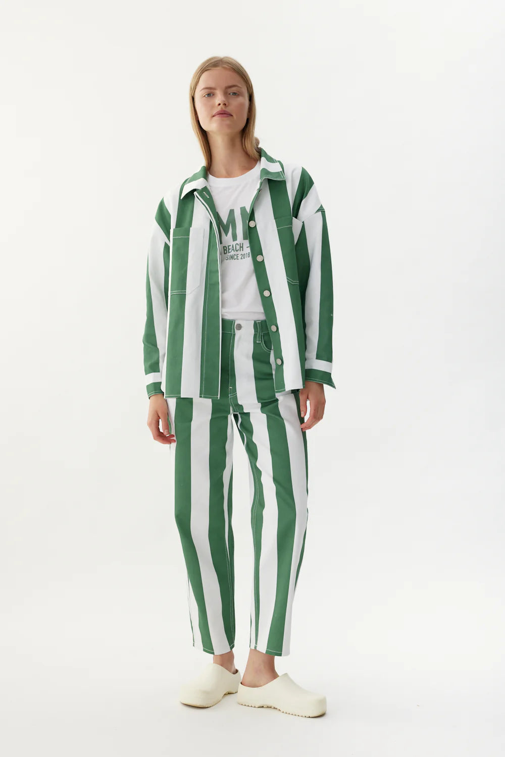 Amaya Striped Jean in Green and Off White