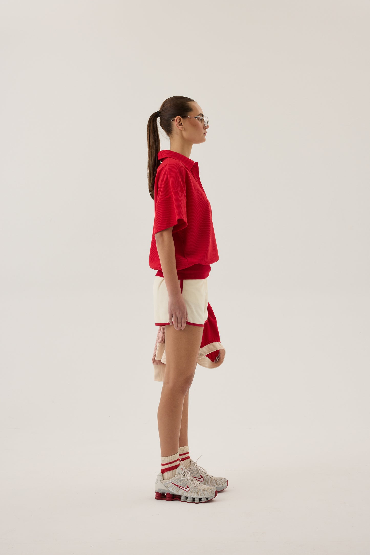 Waffle Short Sleeve Sweatshirt in Poppy Red