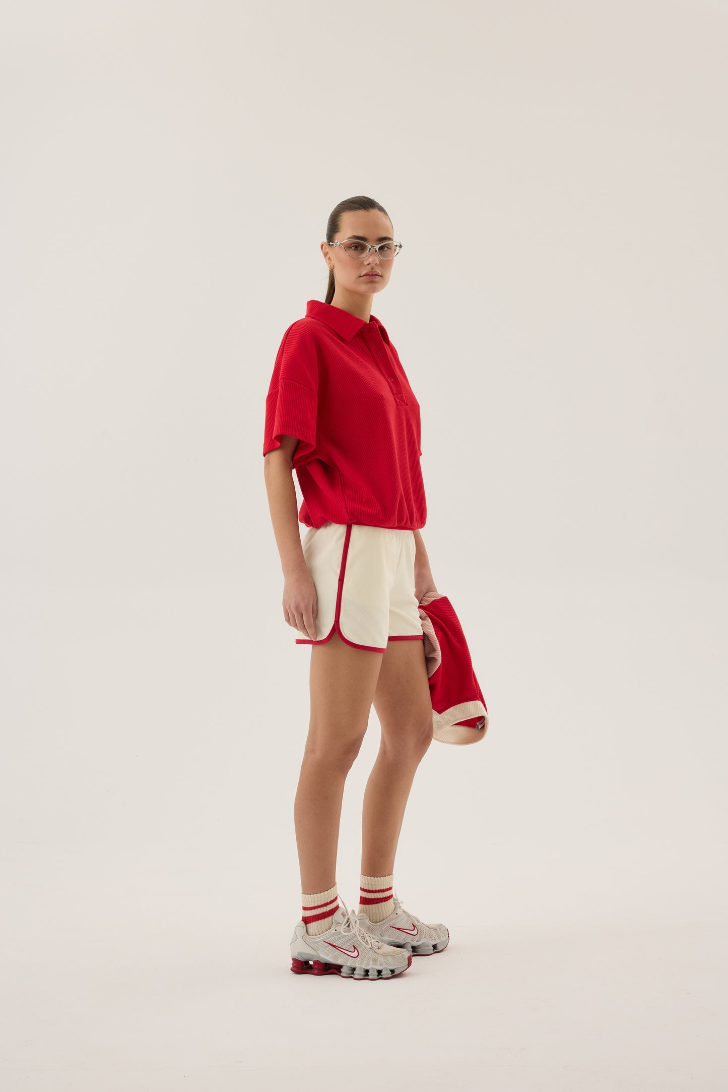 Waffle Short Sleeve Sweatshirt in Poppy Red