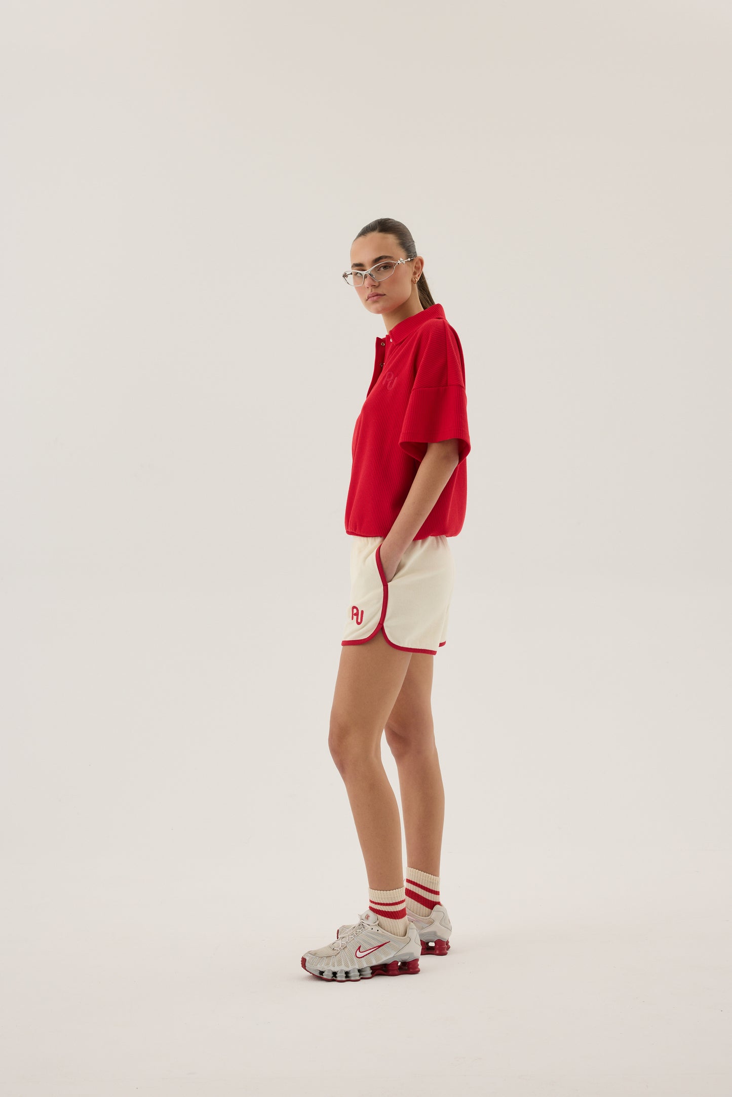 Waffle Short Sleeve Sweatshirt in Poppy Red