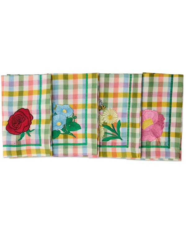 Sweet Flowers Tartan Embroidered 4 Peice Napkin Set