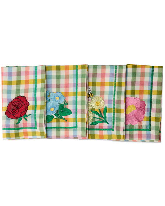 Sweet Flowers Tartan Embroidered 4 Peice Napkin Set