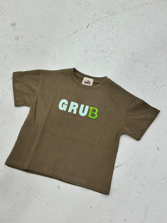 Brown coloured cotton kids tee with blue “grub” text