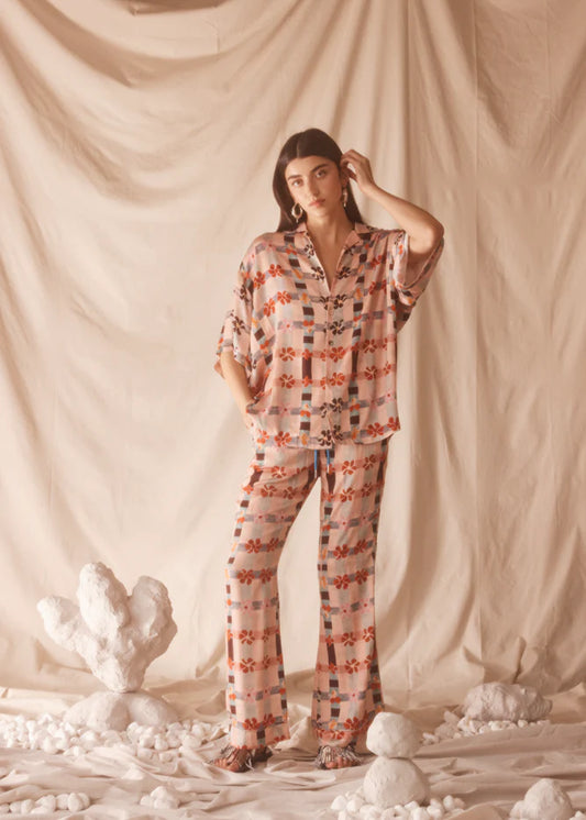Floral printed check pattern silky finish pink brown blue flare pants