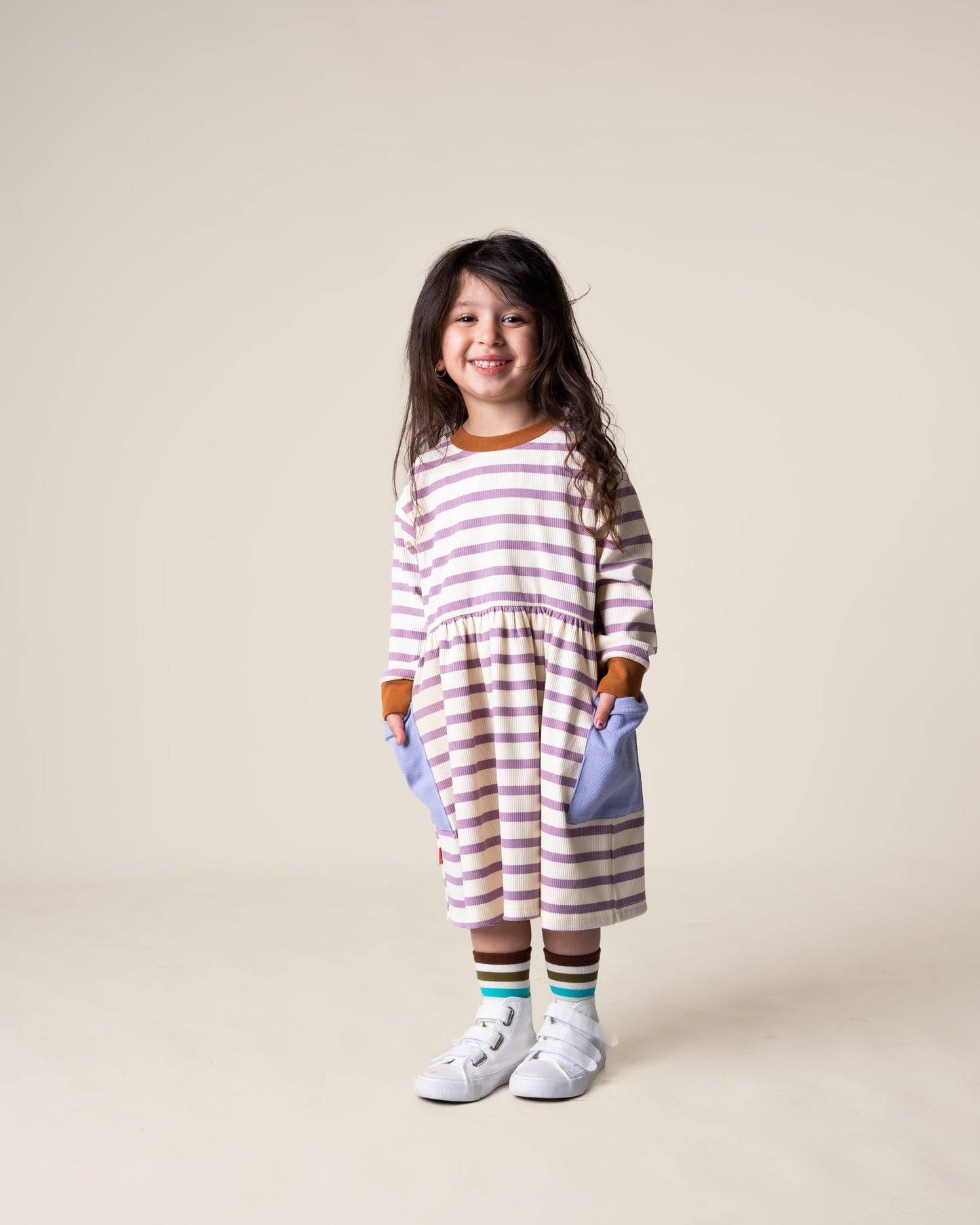 Long Sleeve Bell Dress in Purple Stripes