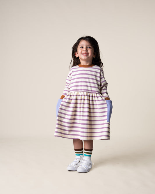 Long Sleeve Bell Dress in Purple Stripes
