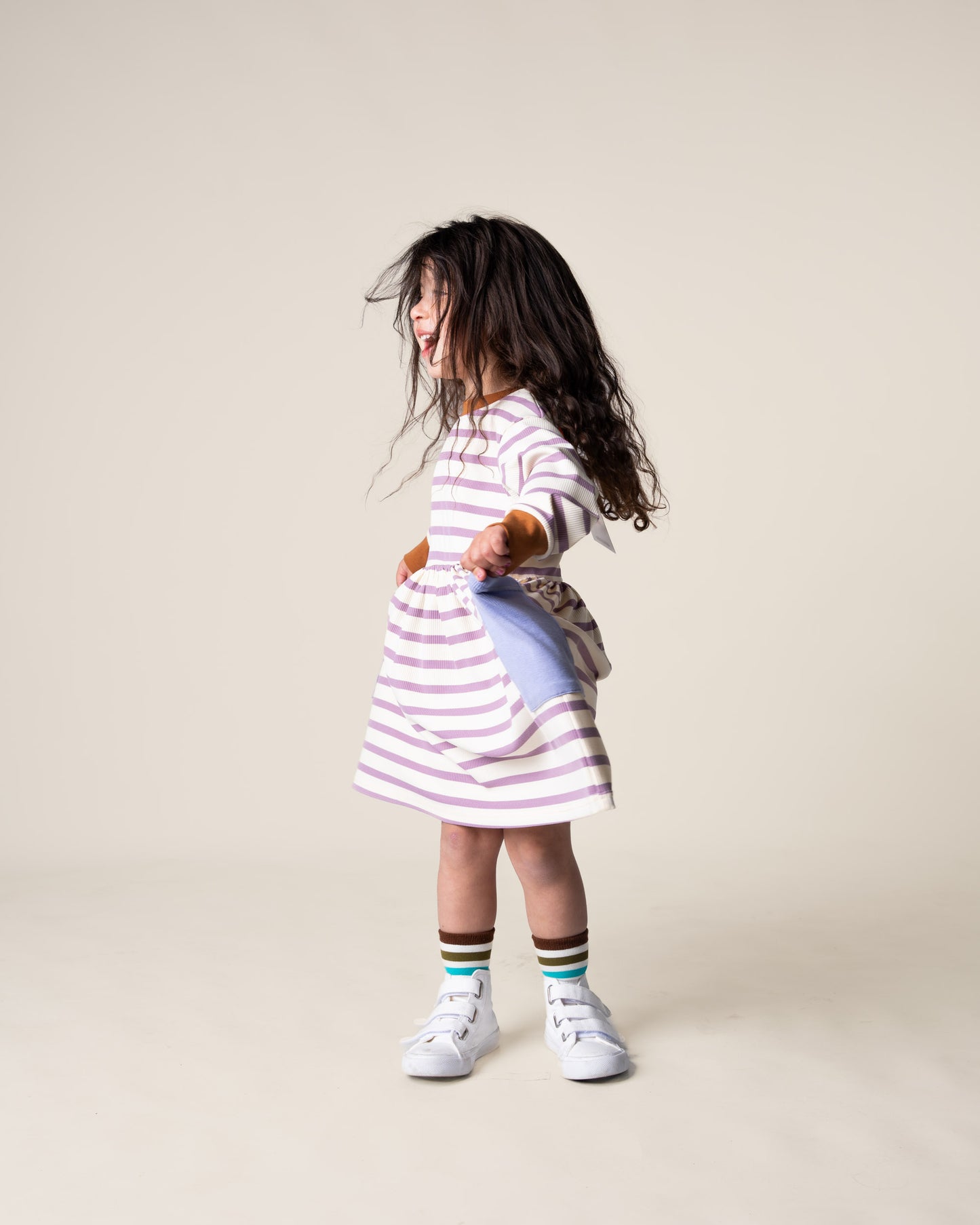 Long Sleeve Bell Dress in Purple Stripes