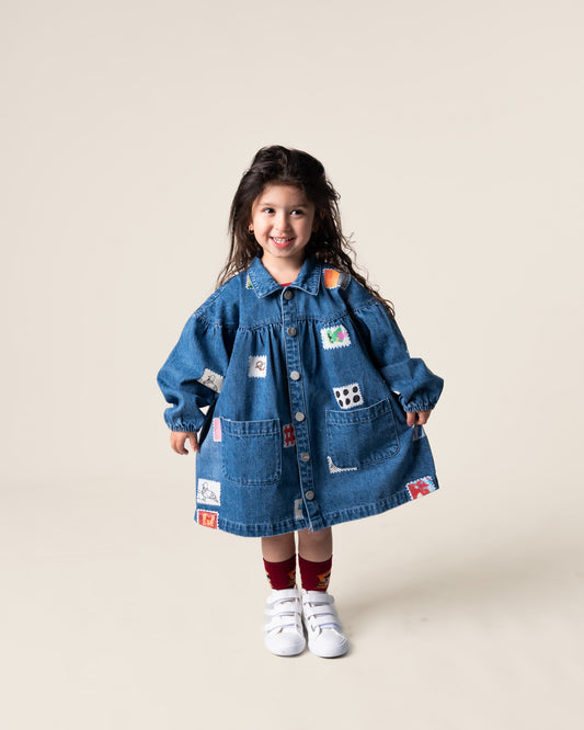 Denim Smock Dress in Stamps
