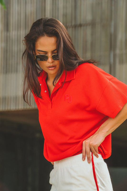 Waffle Short Sleeve Sweatshirt in Poppy Red - Size 10