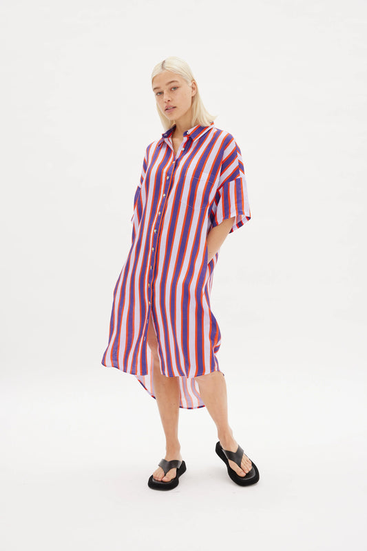 The Marala Linen Short Sleeve Dress in Neon Lilac and Plum