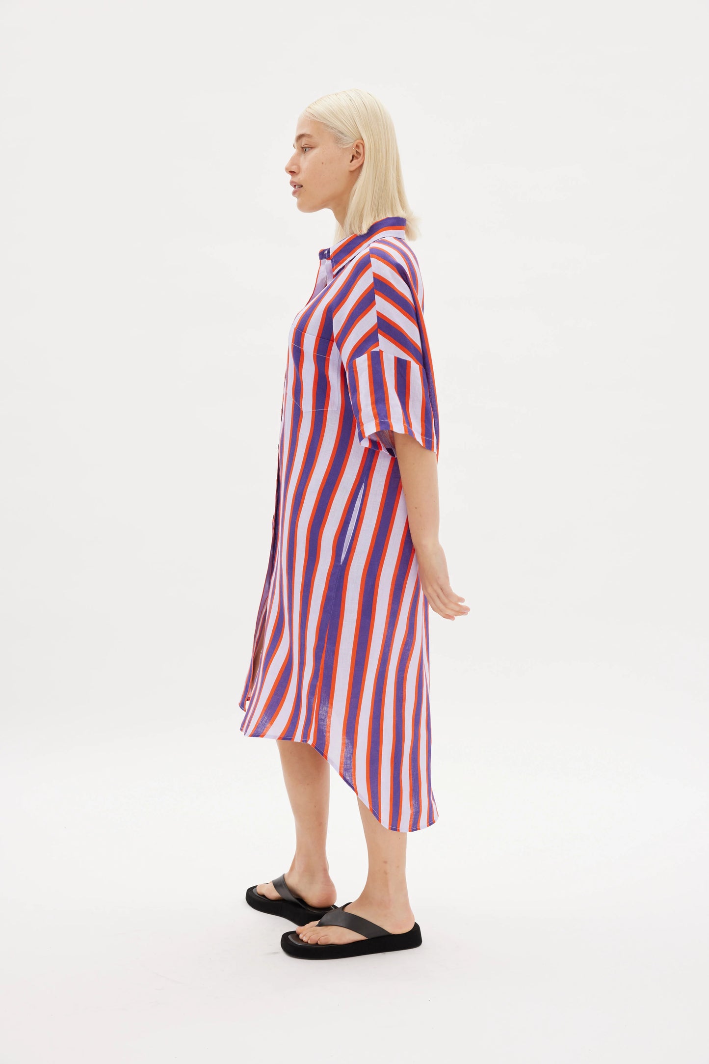 The Marala Linen Short Sleeve Dress in Neon Lilac and Plum