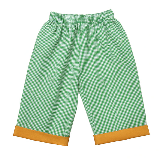 Green gingham pants with orange trim