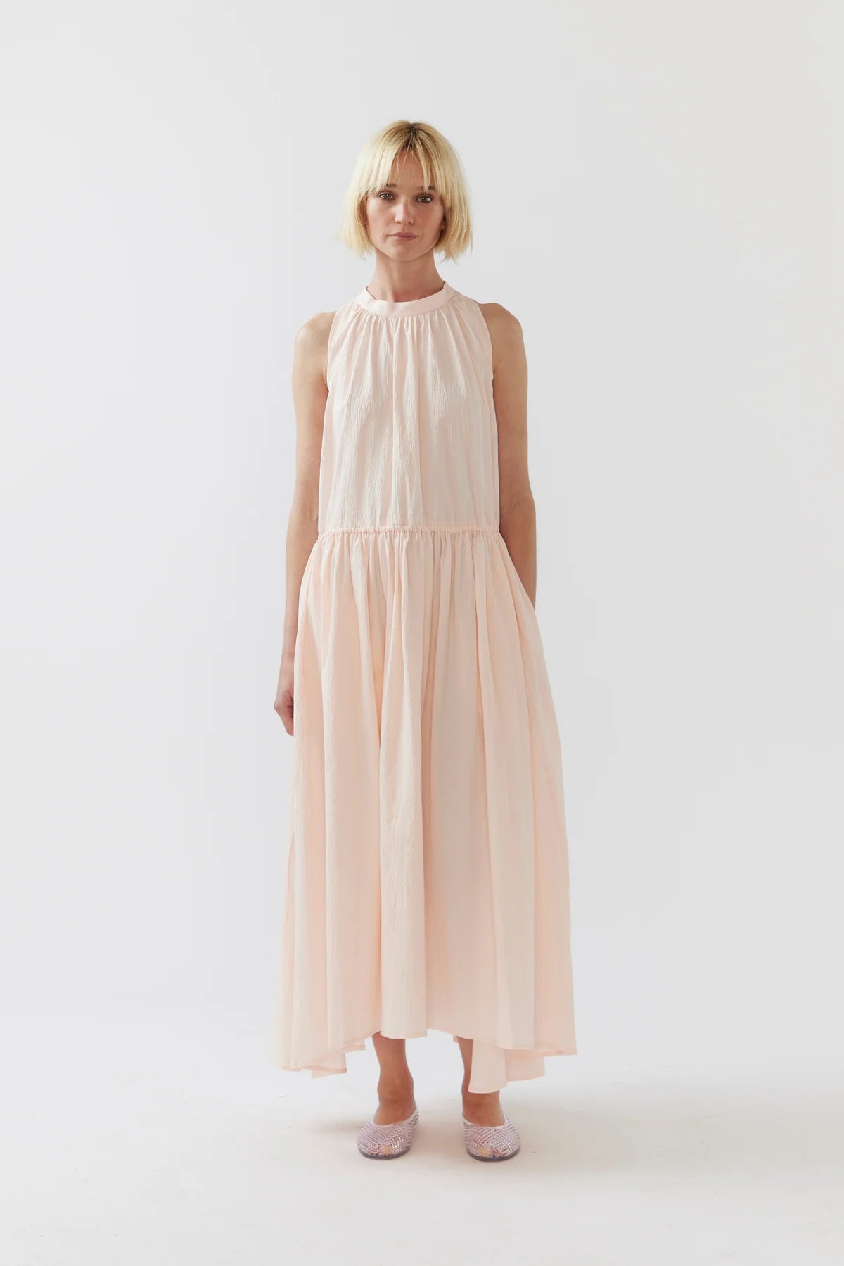 Kinga Dress in Ballet Pink Seersucker