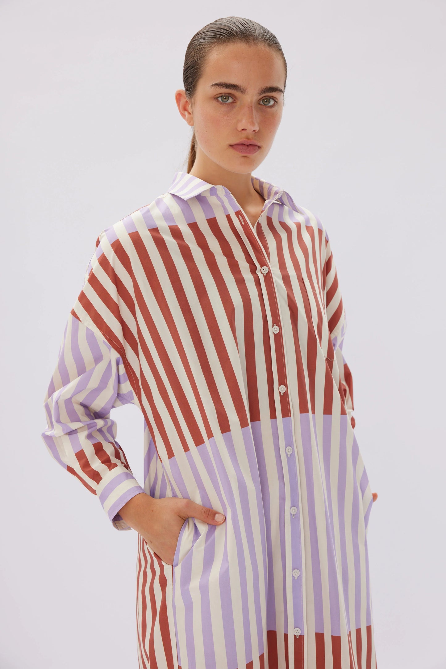 The Chiara Shirt Maxi Dress in Rust & Violet Light