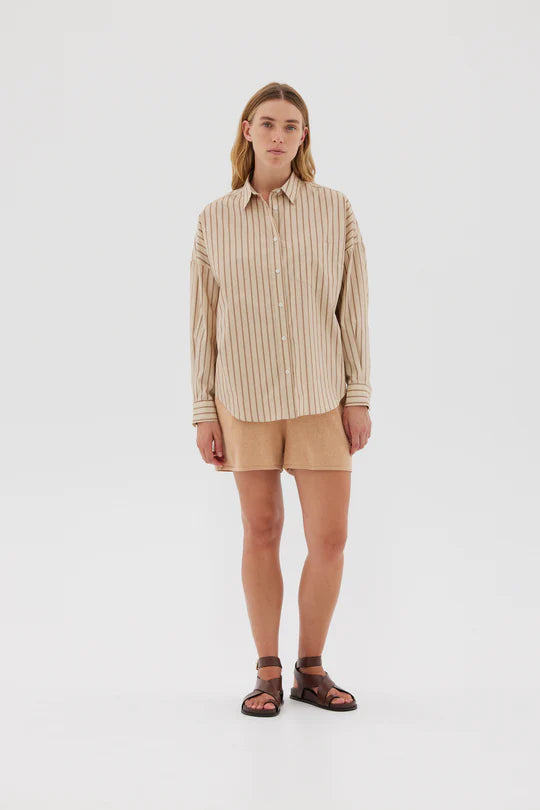 The Chiara Shirt in Oat & Nutshell Stripe