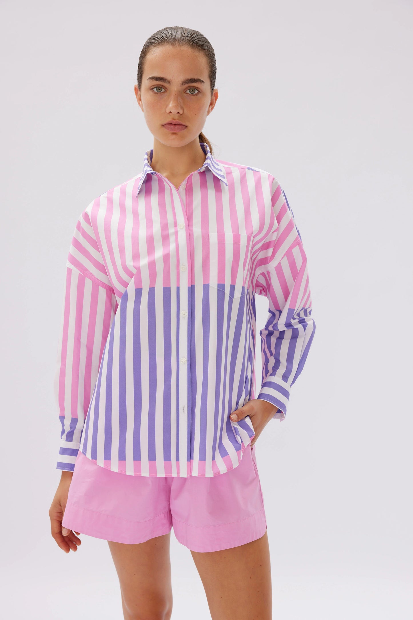 The Chiara Shirt in Combination Stripes - Bubble Gum & UVA