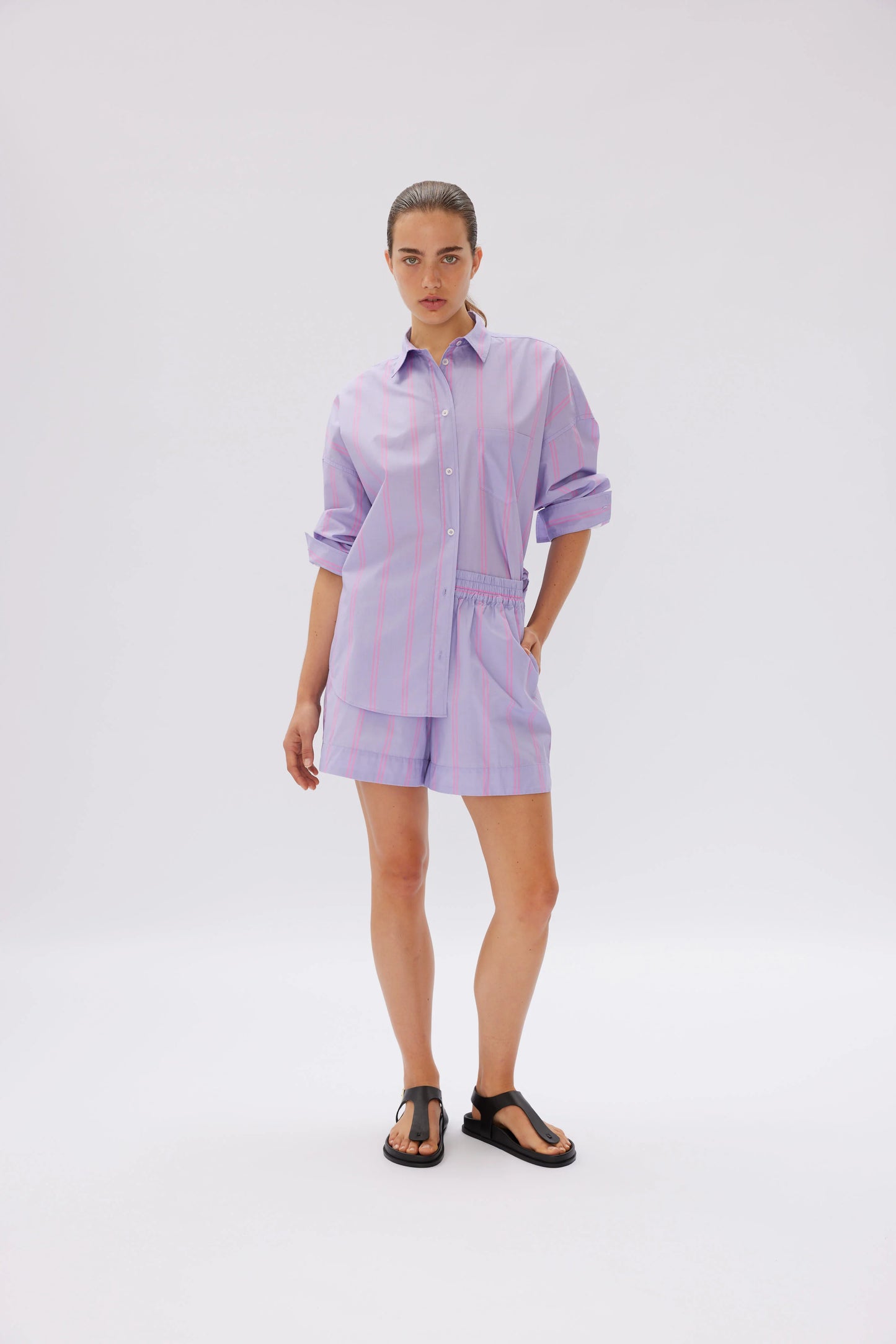 The Chiara Shirt in Mid-length Stripes - Violet Light & Bubble Gum