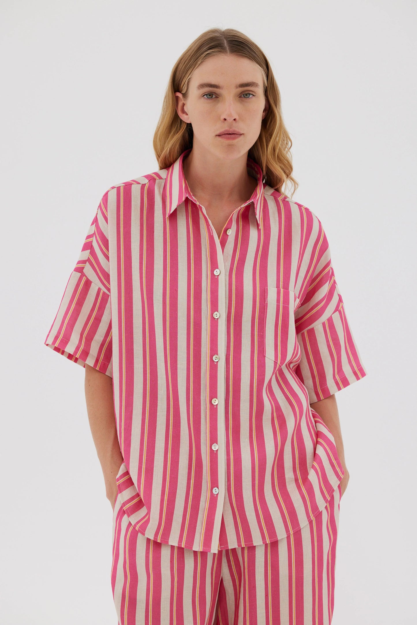 The Marala Linen Short Sleeve Shirt in Raspberry & Valencia Stripe