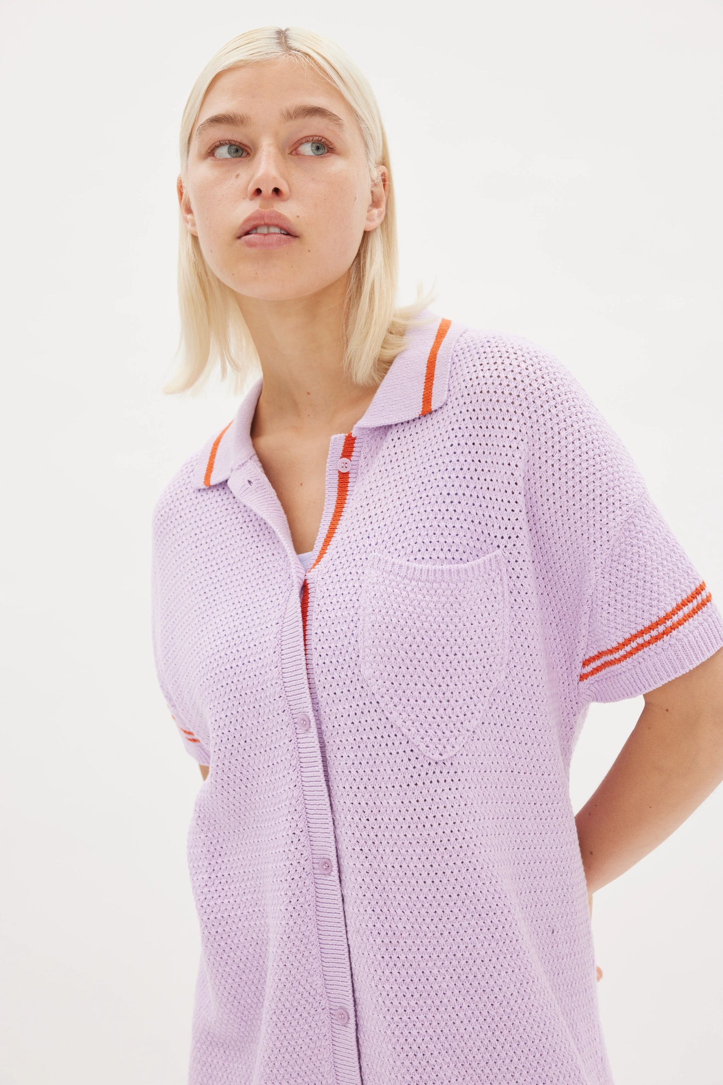 Soller Short Sleeve Knit Shirt in Neon Lilac and Coral