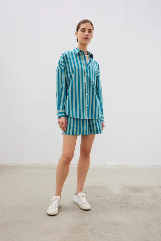 The Chiara Short in Alpine Frost and Oceanic Stripe