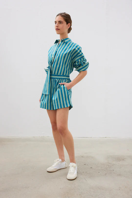 The Chiara Short in Alpine Frost and Oceanic Stripe