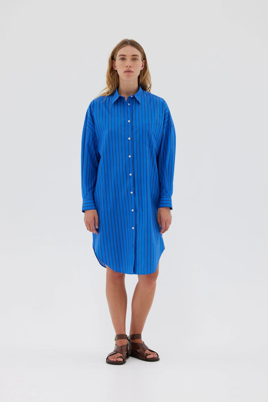 The Chiara Shirt Dress in Ink Blue & Black Stripe