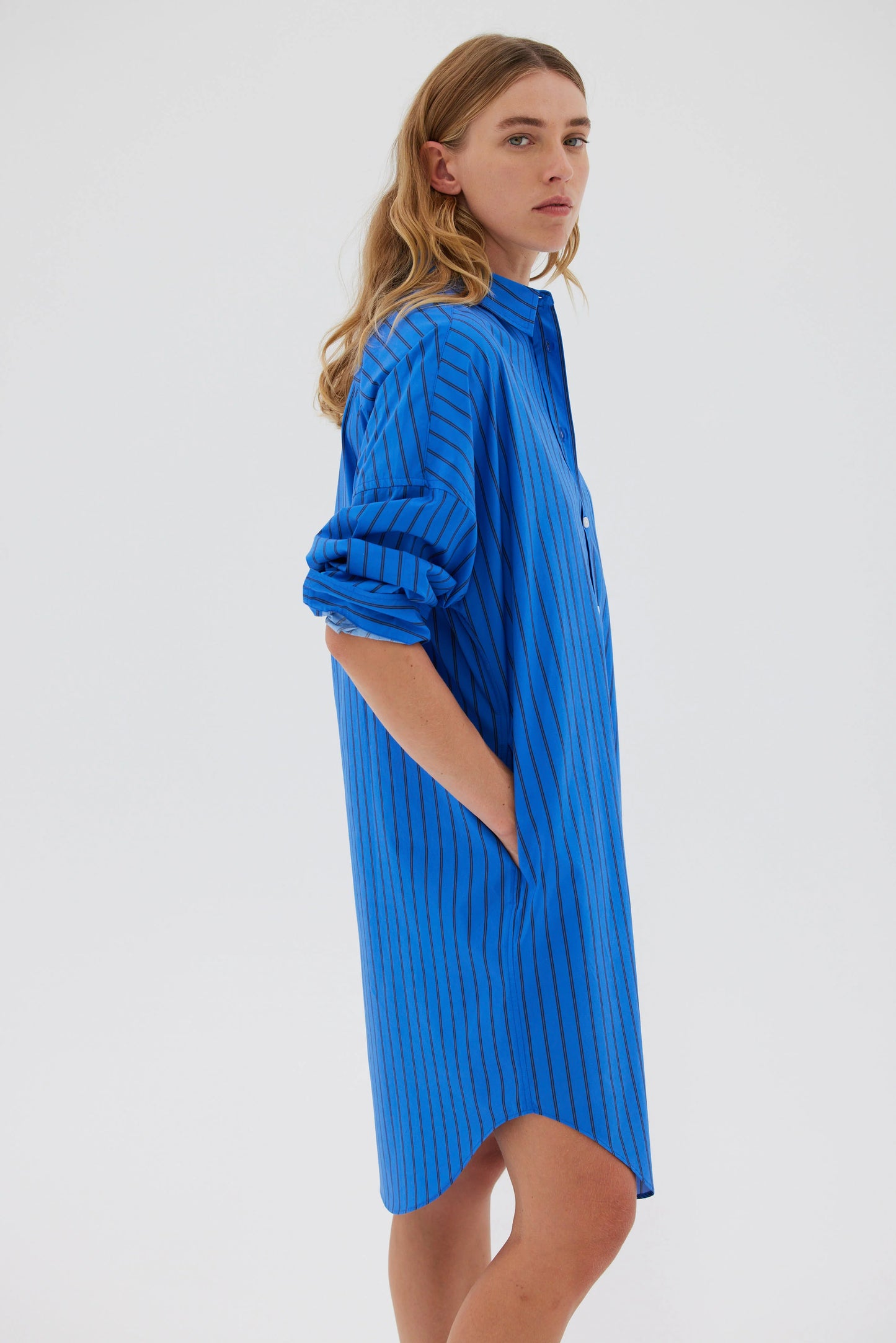 The Chiara Shirt Dress in Ink Blue & Black Stripe
