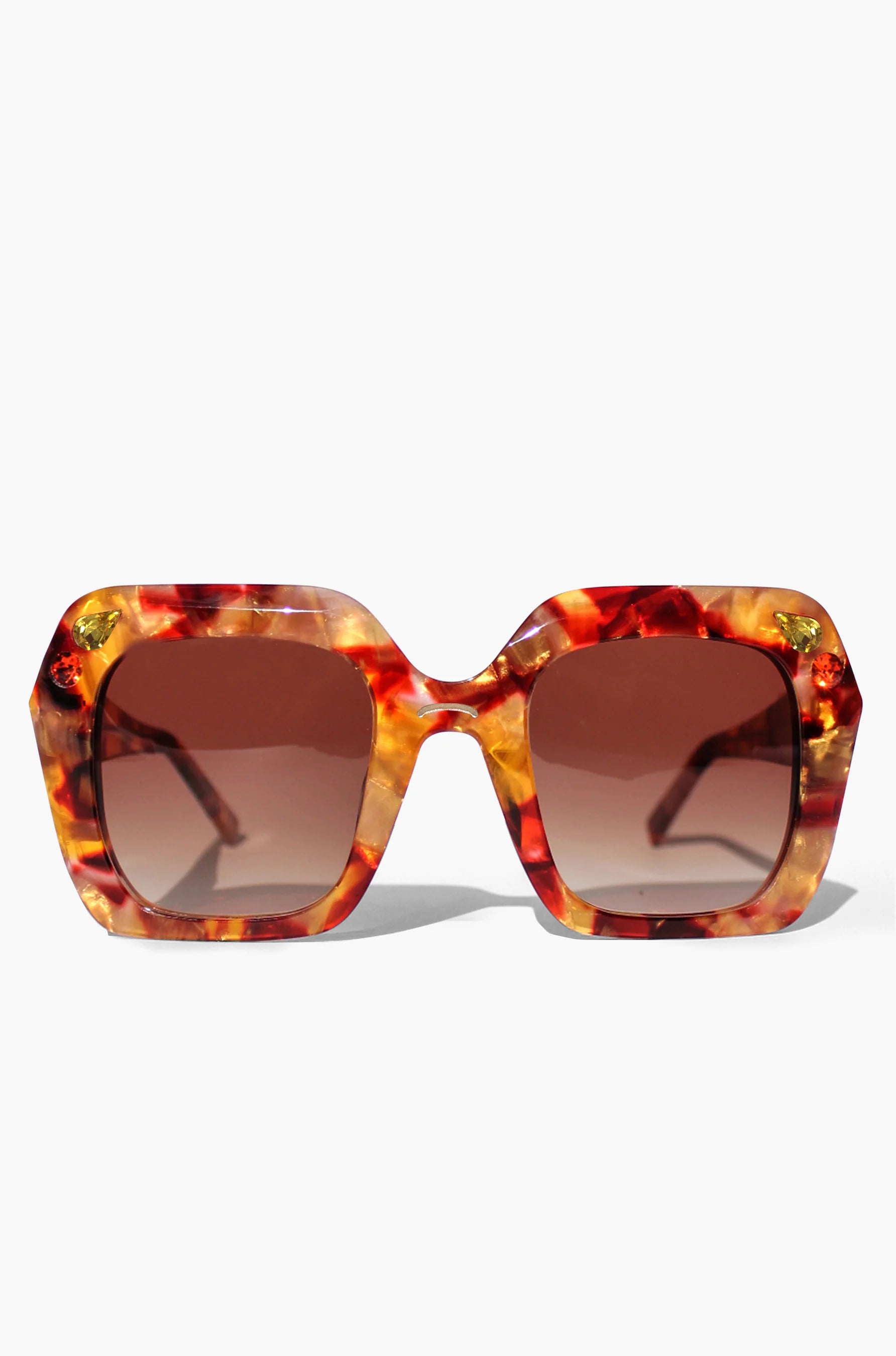 Oversized oval sunglasses in red and apricot tort with crystals