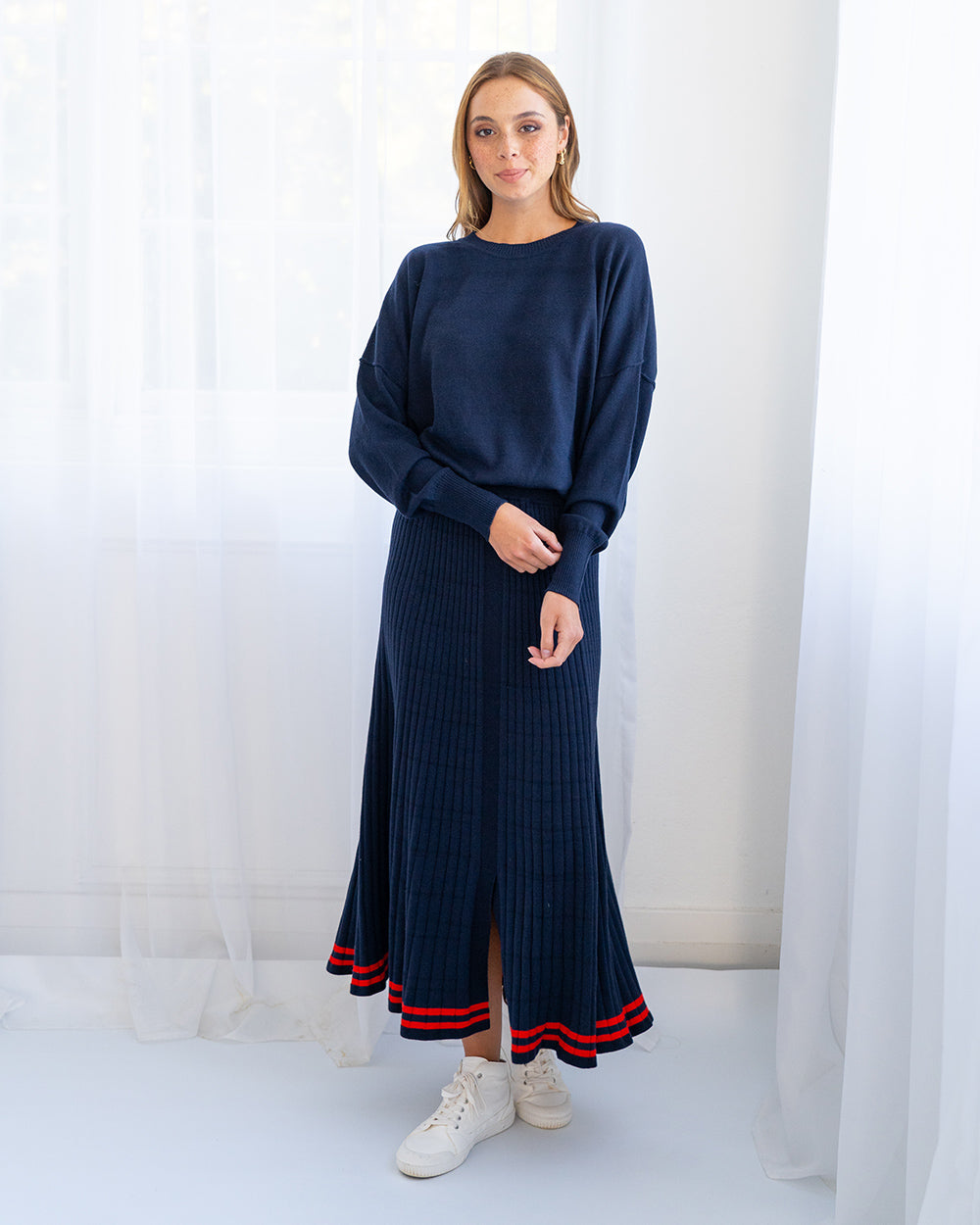 Rebecca Knit Skirt with Stripe in Nacy and Poppy