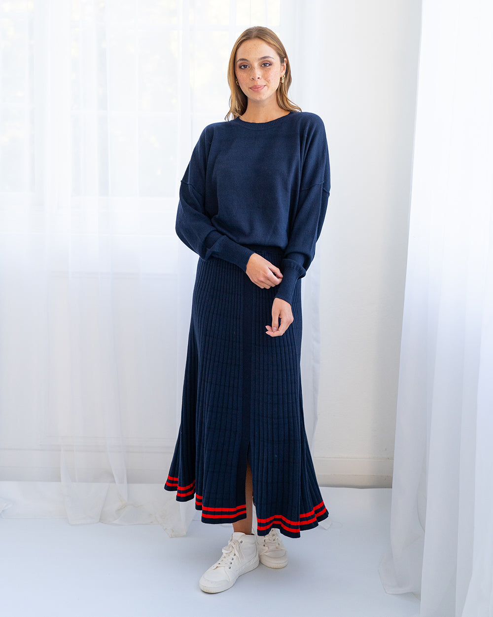 Rebecca Knit Skirt with Stripe in Navy and Poppy