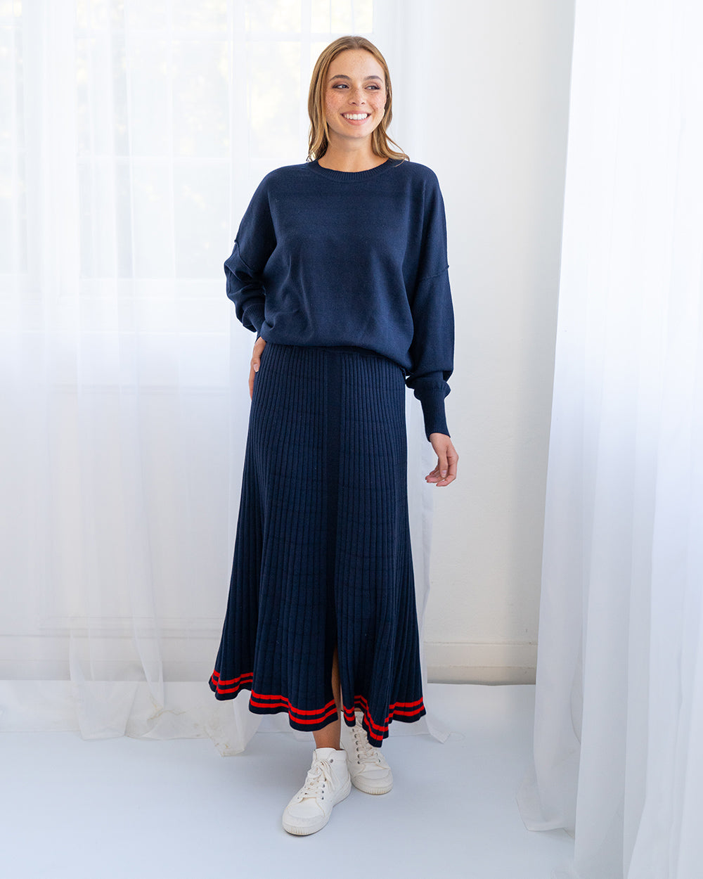 Rebecca Knit Skirt with Stripe in Navy and Poppy