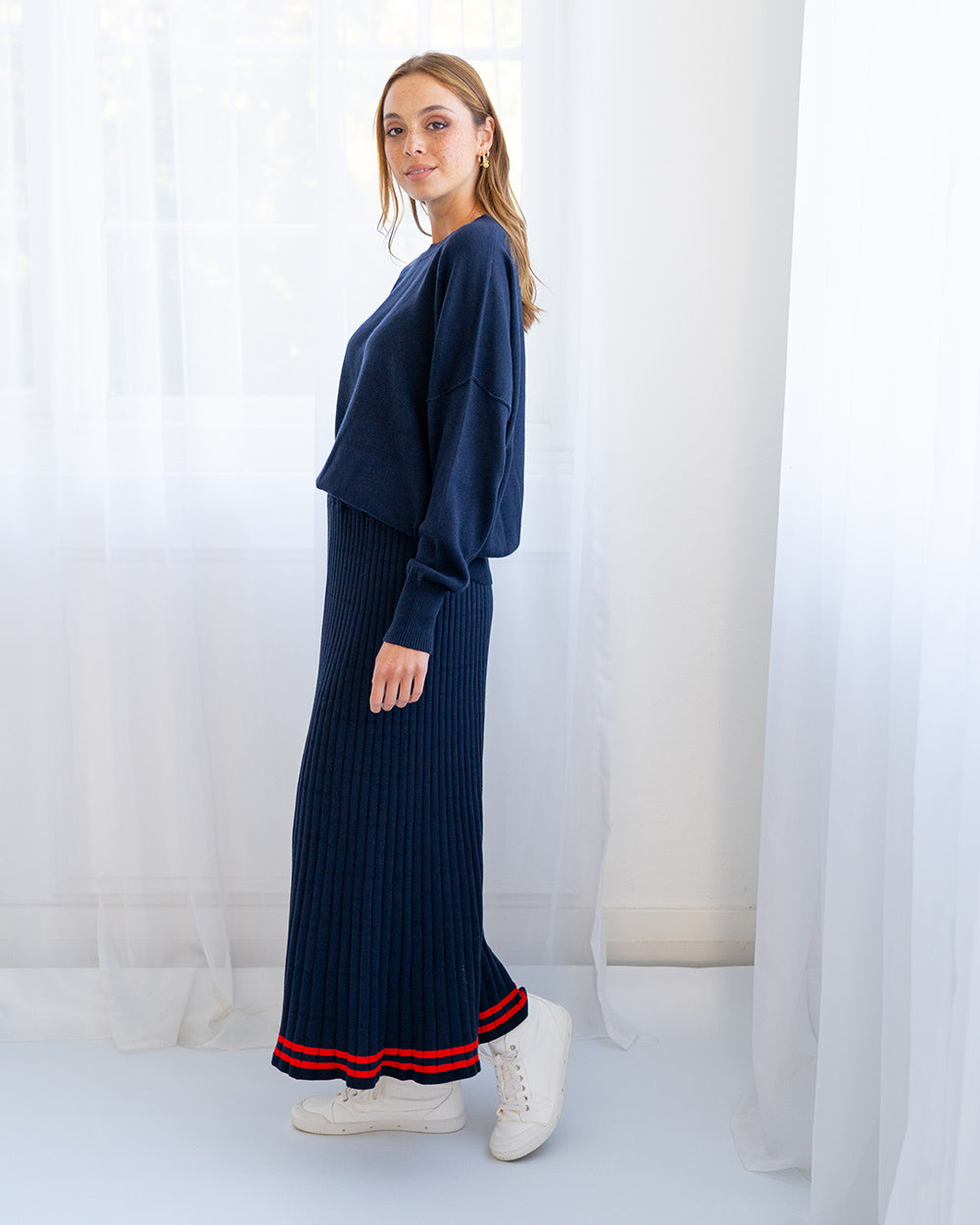 Rebecca Knit Skirt with Stripe in Navy and Poppy